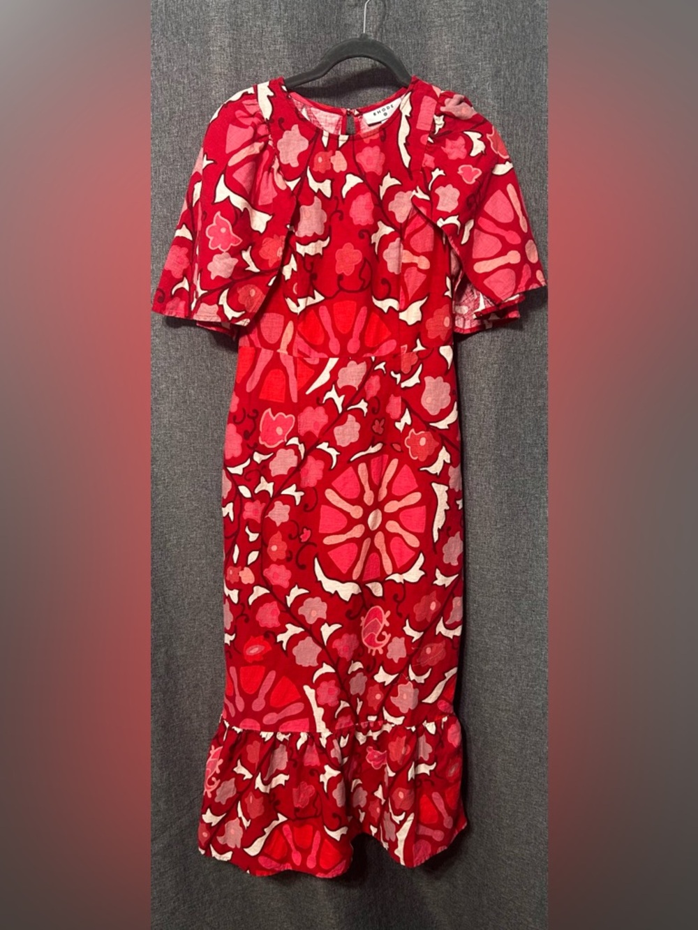 RHODE x Target size 6 red linen Zinnia Floral cape Sleeve midi Derby Dress